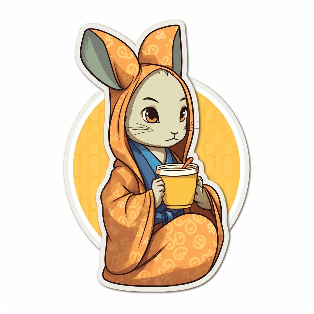 A hooded bunny in an orange patterned robe sipping from a cup