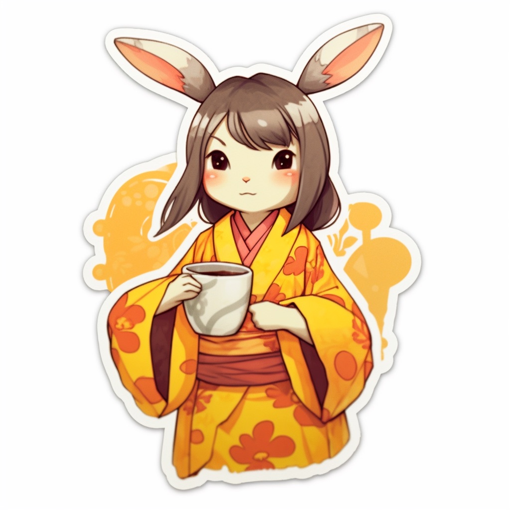A bunny in a yellow floral kimono holding a white mug
