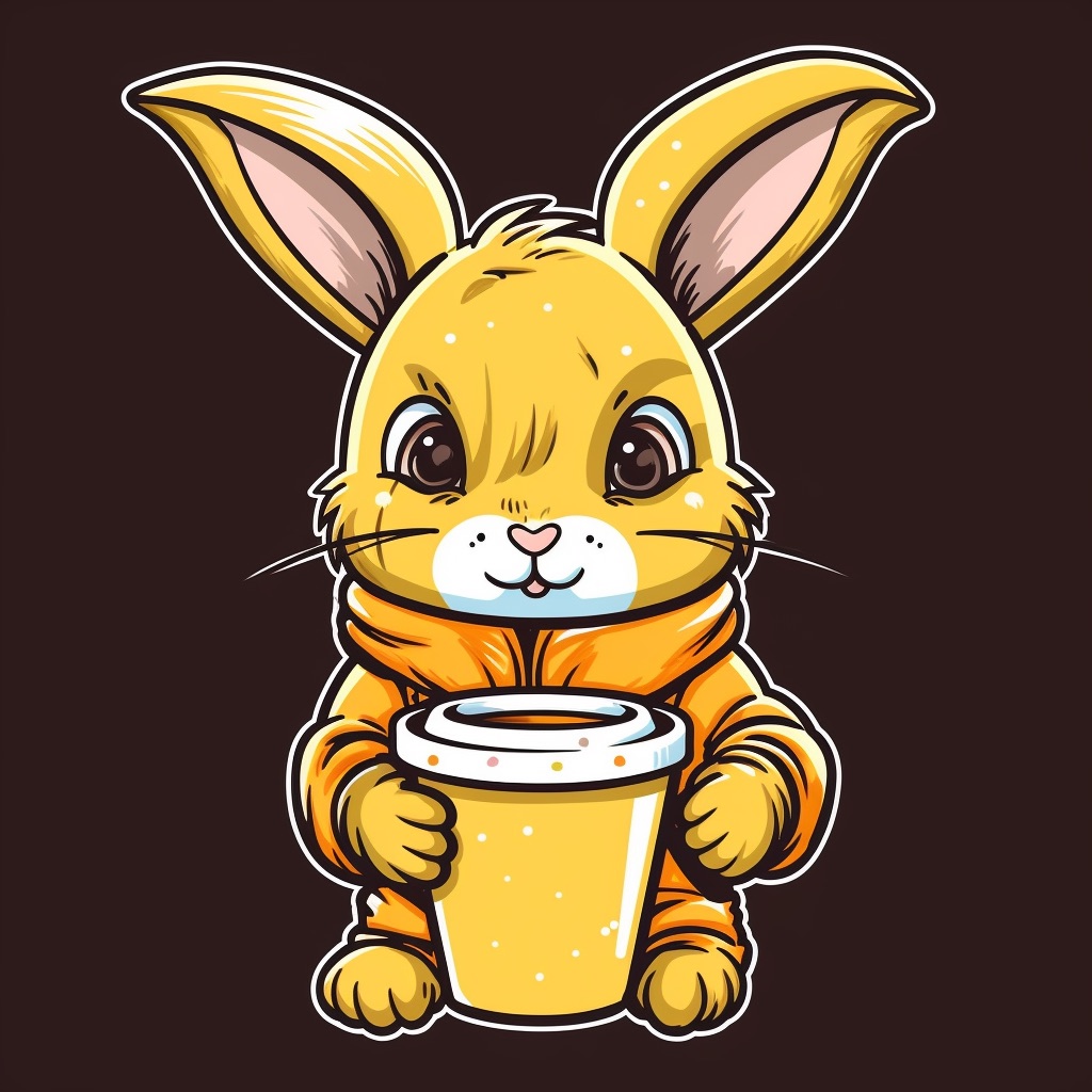 A yellow bunny in an orange hoodie holding a coffee cup in both paws