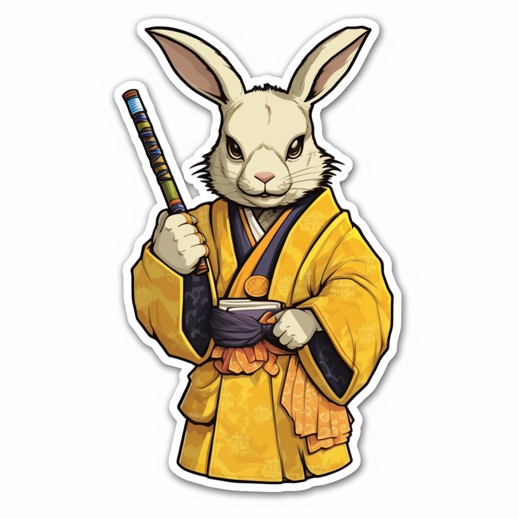 A bunny in a yellow robe holding a staff