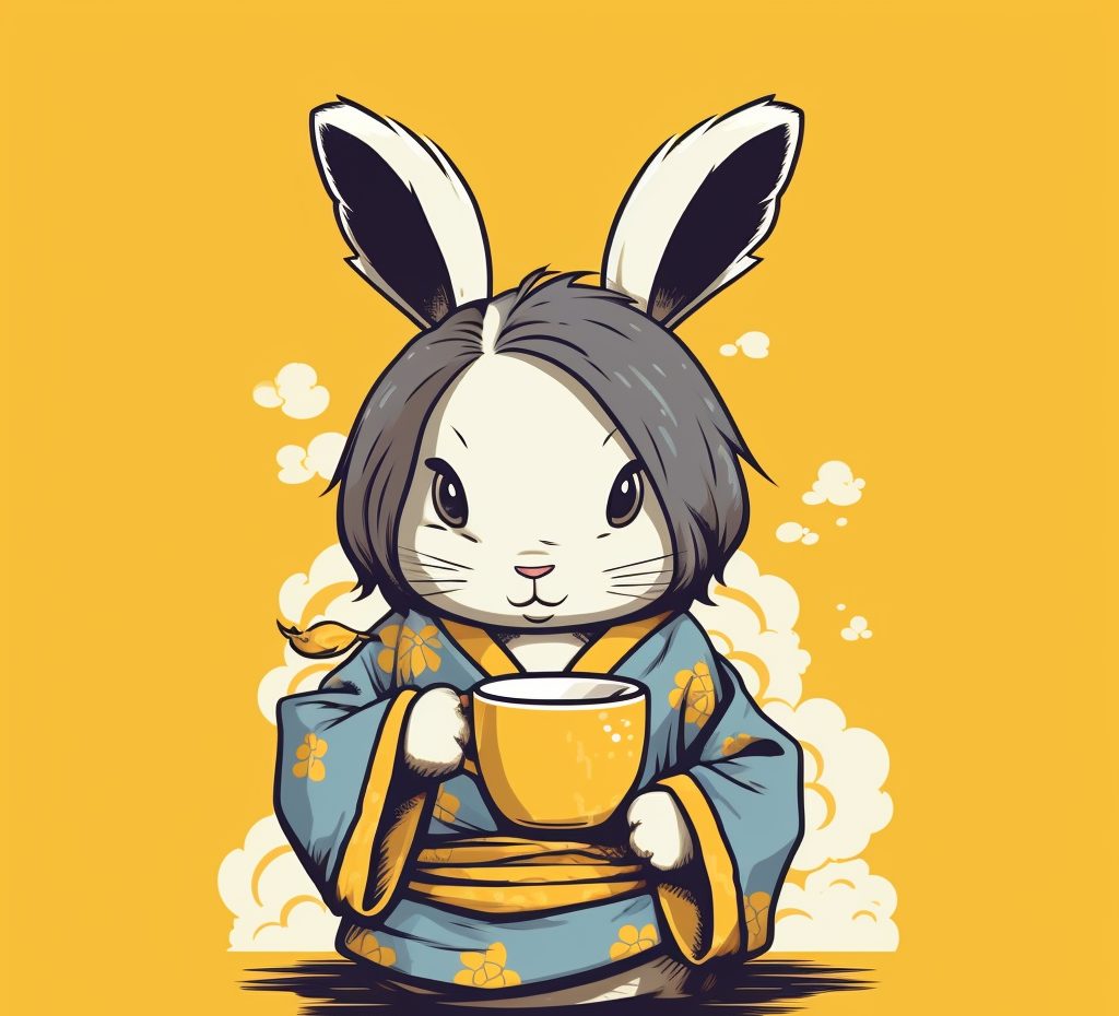 A bunny in a blue floral kimono holding a yellow cup, steam rising behind it